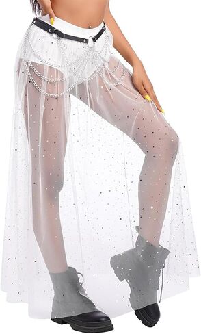Women's 2 in 1 Skirt with Shorts Tulle Sheer Mesh Glitter Sequin Flowy Rave Festival Sparkly Costume Long Maxi Skirts in Kuwait