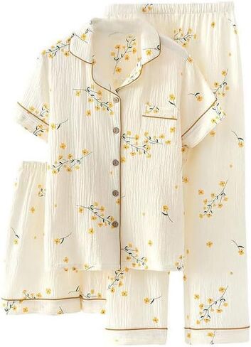 Womens 3pcs Cotton Pajamas Set Short Sleeve Sleepwear Fruit Print Cute Pj Set with Long Pants in Saudi Arabia