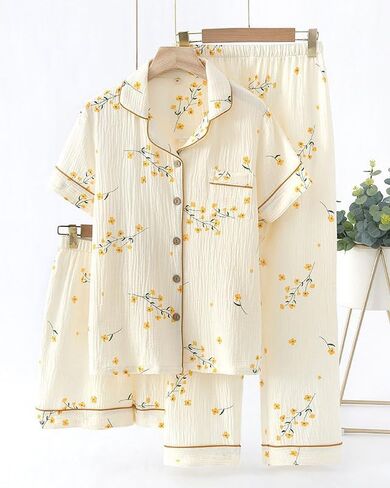 Womens 3pcs Cotton Pajamas Set Short Sleeve Sleepwear Fruit Print Cute Pj Set with Long Pants in Saudi Arabia