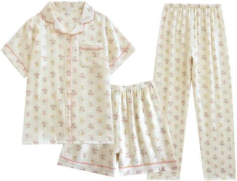 Womens 3pcs Cotton Pajamas Set Short Sleeve Sleepwear Fruit Print Cute Pj Set with Long Pants in Saudi Arabia