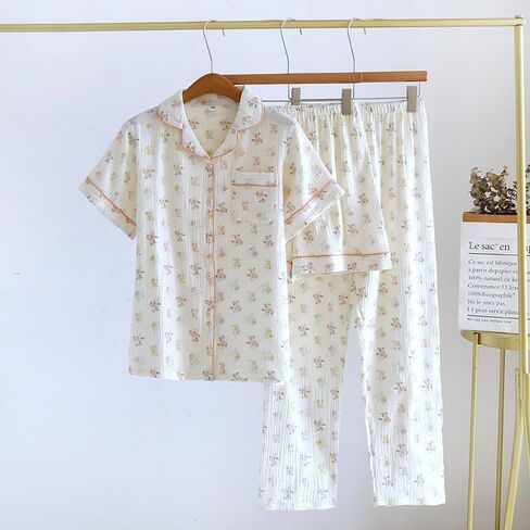 Womens 3pcs Cotton Pajamas Set Short Sleeve Sleepwear Fruit Print Cute Pj Set with Long Pants in Saudi Arabia