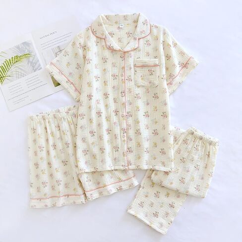 Womens 3pcs Cotton Pajamas Set Short Sleeve Sleepwear Fruit Print Cute Pj Set with Long Pants in Saudi Arabia