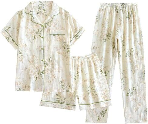 Womens 3pcs Cotton Pajamas Set Short Sleeve Sleepwear Fruit Print Cute Pj Set with Long Pants in Saudi Arabia