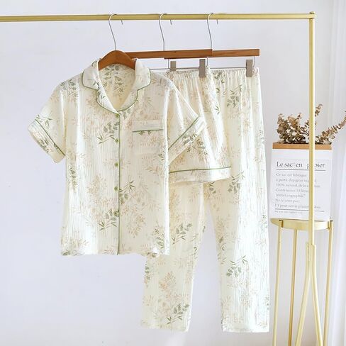 Womens 3pcs Cotton Pajamas Set Short Sleeve Sleepwear Fruit Print Cute Pj Set with Long Pants in Saudi Arabia