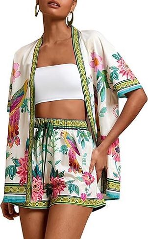 Women Boho Tropical Print Beach Cover Up 2 قطعة مجموعة صيف قصيرة من الأكمام القصيرة وسراويل القصيرة ملابس خفيفة الوزن in Saudi Arabia