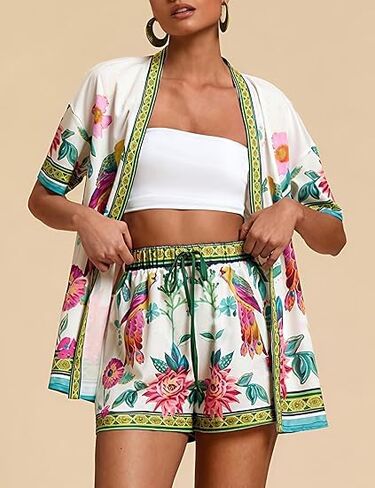 Women Boho Tropical Print Beach Cover Up 2 قطعة مجموعة صيف قصيرة من الأكمام القصيرة وسراويل القصيرة ملابس خفيفة الوزن in Saudi Arabia