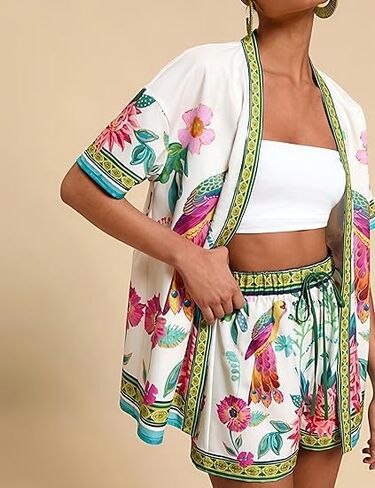 Women Boho Tropical Print Beach Cover Up 2 قطعة مجموعة صيف قصيرة من الأكمام القصيرة وسراويل القصيرة ملابس خفيفة الوزن in Saudi Arabia