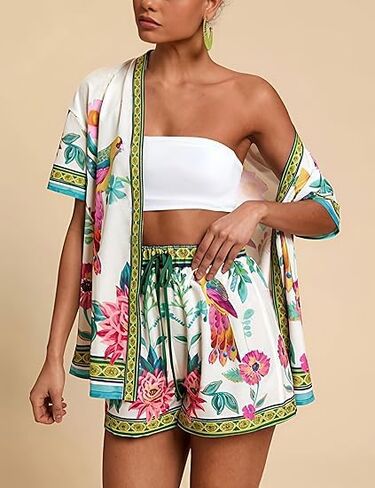 Women Boho Tropical Print Beach Cover Up 2 قطعة مجموعة صيف قصيرة من الأكمام القصيرة وسراويل القصيرة ملابس خفيفة الوزن in Saudi Arabia