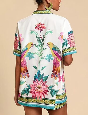 Women Boho Tropical Print Beach Cover Up 2 قطعة مجموعة صيف قصيرة من الأكمام القصيرة وسراويل القصيرة ملابس خفيفة الوزن in Saudi Arabia
