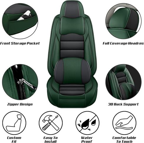 Car Seat Covers for Chevrolet Chevy Trax 2015-2025, Leather Auto Seat Cover Luxury Cushions Waterproof Seat Protectors (Black&Green,Full Set with Pillow) in Kuwait