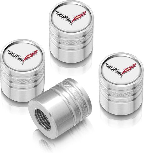 for Chevrolet Corvette C7 Logo in White on Shining Silver Aluminum Cylinder-Style Tire Valve Stem Caps in Kuwait