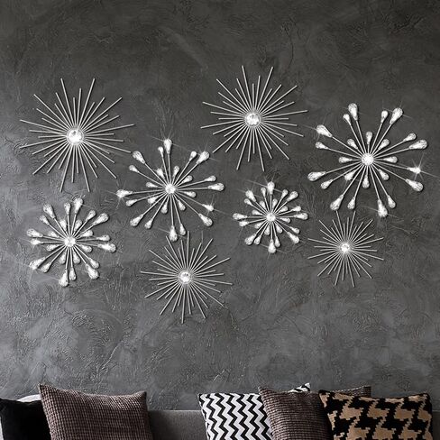 Blulu 8 PCS Silver Metal Wall Art Cast Starburst Wall Decor Bling Crystal Sculptures غرفة المعيشة 3D Teardrop Radial Rhinestone Hanging Accouts Diamond For Home Office Bedroom Protection in Saudi Arabia