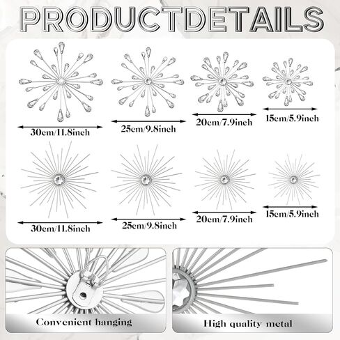 Blulu 8 PCS Silver Metal Wall Art Cast Starburst Wall Decor Bling Crystal Sculptures غرفة المعيشة 3D Teardrop Radial Rhinestone Hanging Accouts Diamond For Home Office Bedroom Protection in Saudi Arabia