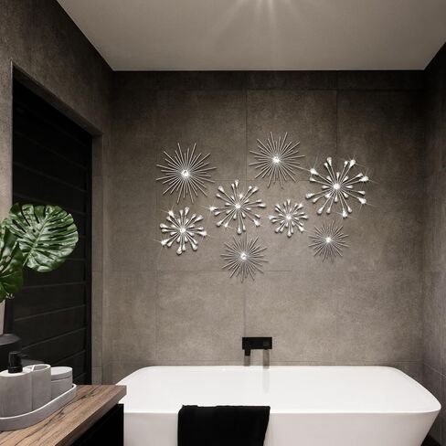 Blulu 8 PCS Silver Metal Wall Art Cast Starburst Wall Decor Bling Crystal Sculptures غرفة المعيشة 3D Teardrop Radial Rhinestone Hanging Accouts Diamond For Home Office Bedroom Protection in Saudi Arabia