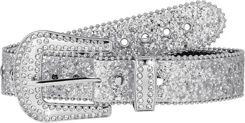 Western Cowboy Style Bhinestone Billts للنساء ، Western Cowgirl Western Silver Leather Leather Belt Bling Diamond Crystal Belt for Bans Bans (40.94 × 1.50 بوصة） in Kuwait