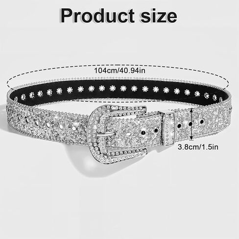 Western Cowboy Style Bhinestone Billts للنساء ، Western Cowgirl Western Silver Leather Leather Belt Bling Diamond Crystal Belt for Bans Bans (40.94 × 1.50 بوصة） in Kuwait