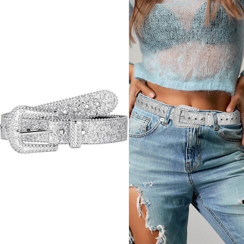 Western Cowboy Style Bhinestone Billts للنساء ، Western Cowgirl Western Silver Leather Leather Belt Bling Diamond Crystal Belt for Bans Bans (40.94 × 1.50 بوصة） in Kuwait