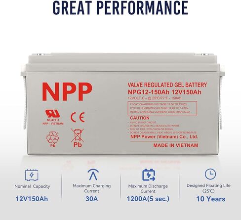 NPP NPG12-150Ah(2 Pcs) 12V 150Ah Rechargeable Gel Battery with Button Style Terminals SLA Storage Deep Cycle Battery for Off Grid Solar System in Saudi Arabia