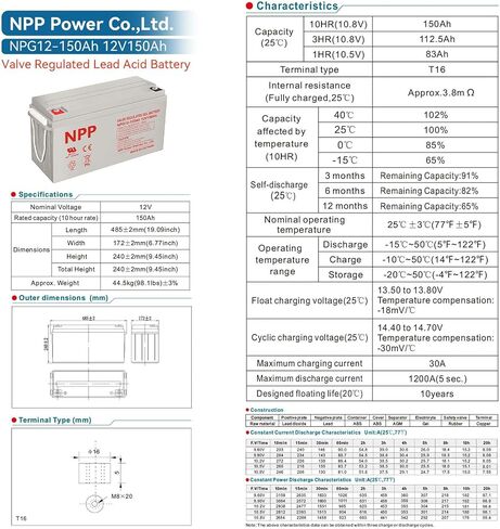 NPP NPG12-150Ah(2 Pcs) 12V 150Ah Rechargeable Gel Battery with Button Style Terminals SLA Storage Deep Cycle Battery for Off Grid Solar System in Saudi Arabia