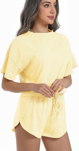 AllMloers Womens Split Short Pajama مجموعة مخطط مخطط قصير الأكمام Tee و Side Slitwear Set 2 قطعة قطعة PJS in Kuwait