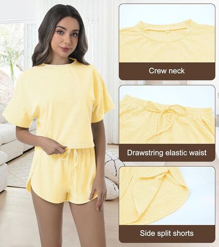 AllMloers Womens Split Short Pajama مجموعة مخطط مخطط قصير الأكمام Tee و Side Slitwear Set 2 قطعة قطعة PJS in Kuwait