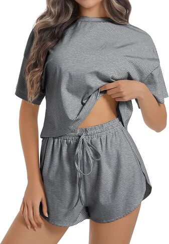 Allmloers Womens Split Short Pajama Set Striped Short Sleeve Crewneck Tee and Side Slit Sleepwear Set 2 Piece Cotton Pjs Set in Saudi Arabia
