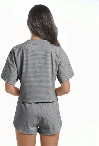 Allmloers Womens Split Short Pajama Set Striped Short Sleeve Crewneck Tee and Side Slit Sleepwear Set 2 Piece Cotton Pjs Set in Saudi Arabia