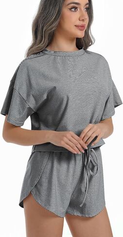 Allmloers Womens Split Short Pajama Set Striped Short Sleeve Crewneck Tee and Side Slit Sleepwear Set 2 Piece Cotton Pjs Set in Saudi Arabia