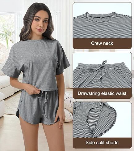 Allmloers Womens Split Short Pajama Set Striped Short Sleeve Crewneck Tee and Side Slit Sleepwear Set 2 Piece Cotton Pjs Set in Saudi Arabia