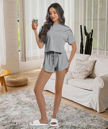 Allmloers Womens Split Short Pajama Set Striped Short Sleeve Crewneck Tee and Side Slit Sleepwear Set 2 Piece Cotton Pjs Set in Saudi Arabia