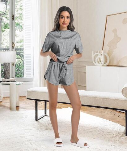 Allmloers Womens Split Short Pajama Set Striped Short Sleeve Crewneck Tee and Side Slit Sleepwear Set 2 Piece Cotton Pjs Set in Saudi Arabia