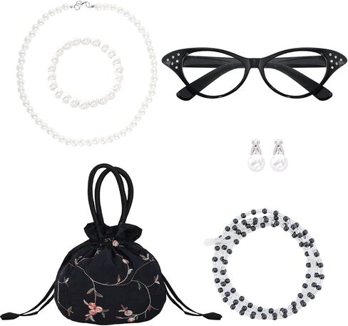 5 Pcs Old Lady Costume Set Grandma Granny Glasses Eyeglasses Chain Pearl Necklace Bracelet for Women Granny Halloween Costume in Kuwait