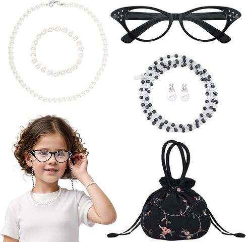 5 Pcs Old Lady Costume Set Grandma Granny Glasses Eyeglasses Chain Pearl Necklace Bracelet for Women Granny Halloween Costume in Kuwait