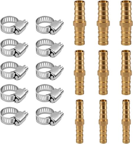 18PCS Brass Hose Barb Union, Fuel Line Fittings Barb Splicer Mender Joiner Hose Fitting with 20PCS Stainless Steel Hose Clamp, for Water/Air/Fuel/Oil, 1/4'', 5/16'' 3/8'', Brassy in Saudi Arabia