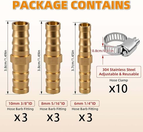 18PCS Brass Hose Barb Union, Fuel Line Fittings Barb Splicer Mender Joiner Hose Fitting with 20PCS Stainless Steel Hose Clamp, for Water/Air/Fuel/Oil, 1/4'', 5/16'' 3/8'', Brassy in Saudi Arabia