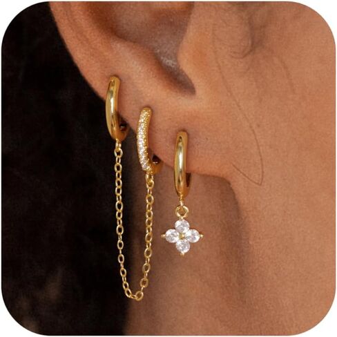 Gold Earrings for Women 3 Pairs 14k Gold Plated Hoop Stacks Hypoallergenic Lightweight Stud Earring for Multiple Piercing Dangle Drop Cartilage Earring for Women Trendy Wedding Earring For Brides Gold Jewelry in Saudi Arabia