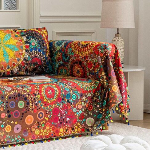 Boho Couch Cover Sofa Covers Tassels Designe for Sectional Sofa Washable 2 Cushion Couch Living Room (A7, 71"x102") in Saudi Arabia