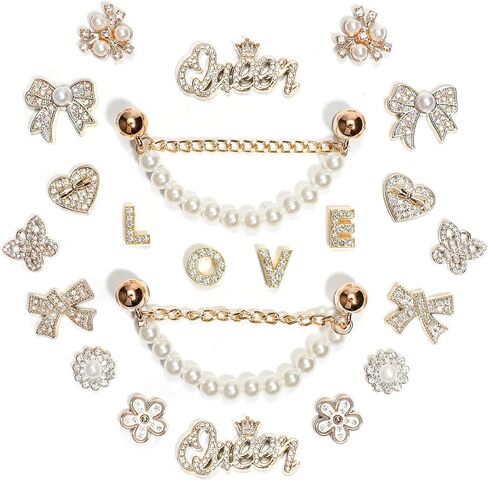22Pcs Bling Rhinestones Pearls Shoe Charms with 2 Sparkling Shoe Chains, LOVE Queen Letter, Shoe Decorations Charms for Clog Sandals Women Girls Party DIY in Saudi Arabia
