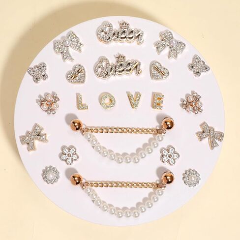 22Pcs Bling Rhinestones Pearls Shoe Charms with 2 Sparkling Shoe Chains, LOVE Queen Letter, Shoe Decorations Charms for Clog Sandals Women Girls Party DIY in Saudi Arabia