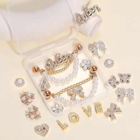 22Pcs Bling Rhinestones Pearls Shoe Charms with 2 Sparkling Shoe Chains, LOVE Queen Letter, Shoe Decorations Charms for Clog Sandals Women Girls Party DIY in Saudi Arabia