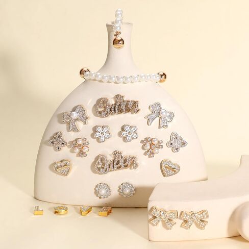 22Pcs Bling Rhinestones Pearls Shoe Charms with 2 Sparkling Shoe Chains, LOVE Queen Letter, Shoe Decorations Charms for Clog Sandals Women Girls Party DIY in Saudi Arabia