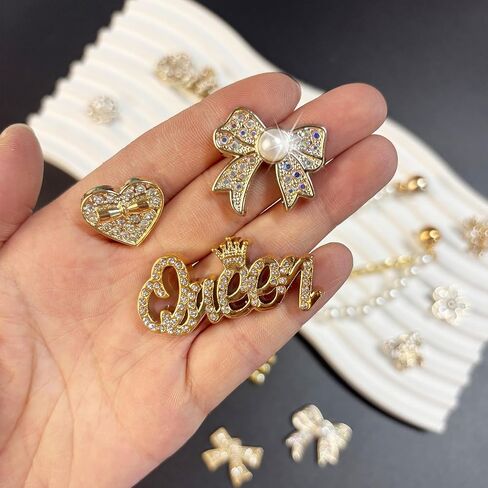 22Pcs Bling Rhinestones Pearls Shoe Charms with 2 Sparkling Shoe Chains, LOVE Queen Letter, Shoe Decorations Charms for Clog Sandals Women Girls Party DIY in Saudi Arabia