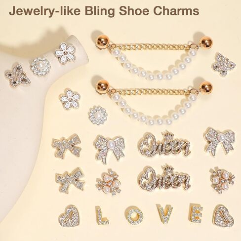 22Pcs Bling Rhinestones Pearls Shoe Charms with 2 Sparkling Shoe Chains, LOVE Queen Letter, Shoe Decorations Charms for Clog Sandals Women Girls Party DIY in Saudi Arabia