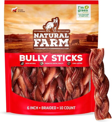 Natural Farm Odor-Free Braided Bully Sticks (4-5 Inch, 10 Pack) - 100% Grass-Fed Beef, Grain-Free, Low Fat & Fully Digestible Best Dental Treats, Safest Long Lasting Pizzle Chews to Keep Your Dog Busy in Saudi Arabia