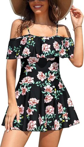 SHEKINI Women's Off-Shoulder Ruffled Flounce Swim Skirt Ruched One Piece Swimdress (Red-A, X-Large) in Kuwait