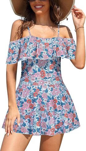 SHEKINI Women's Off-Shoulder Ruffled Flounce Swim Skirt Ruched One Piece Swimdress (Red-A, X-Large) in Kuwait