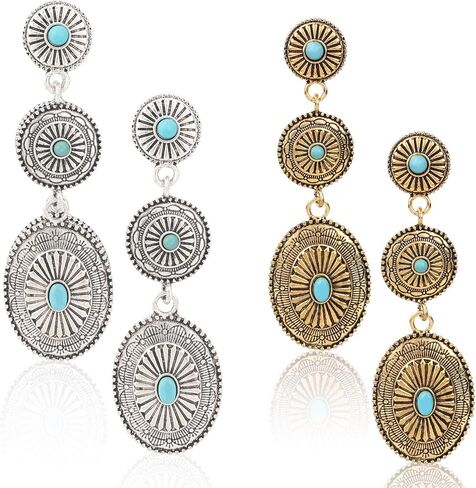 2 Pairs Western Country Earrings, Vintage Concho Jewelry Oval Synthetic Turquoise Dangle Earrings Fashion Accessories for Women Cowgirl Country Concert Outfit (Gold, Silver) in Saudi Arabia
