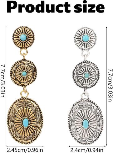 2 Pairs Western Country Earrings, Vintage Concho Jewelry Oval Synthetic Turquoise Dangle Earrings Fashion Accessories for Women Cowgirl Country Concert Outfit (Gold, Silver) in Saudi Arabia