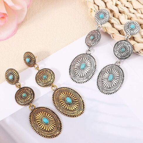 2 Pairs Western Country Earrings, Vintage Concho Jewelry Oval Synthetic Turquoise Dangle Earrings Fashion Accessories for Women Cowgirl Country Concert Outfit (Gold, Silver) in Saudi Arabia