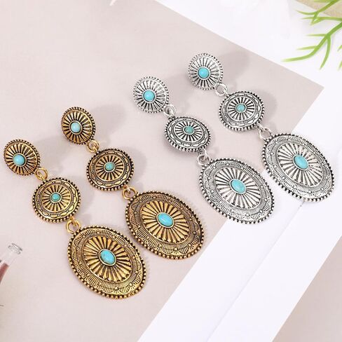 2 Pairs Western Country Earrings, Vintage Concho Jewelry Oval Synthetic Turquoise Dangle Earrings Fashion Accessories for Women Cowgirl Country Concert Outfit (Gold, Silver) in Saudi Arabia